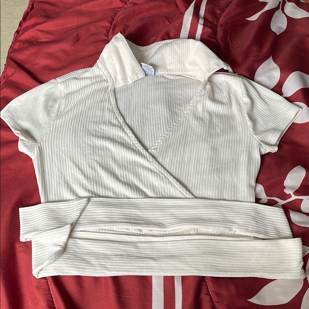 Cream Ribbed Wrap Top